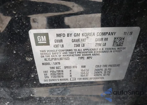 2020 Chevrolet Trax Awd Lt из США, поврежденный, VIN KL7CJPSB1LB071523